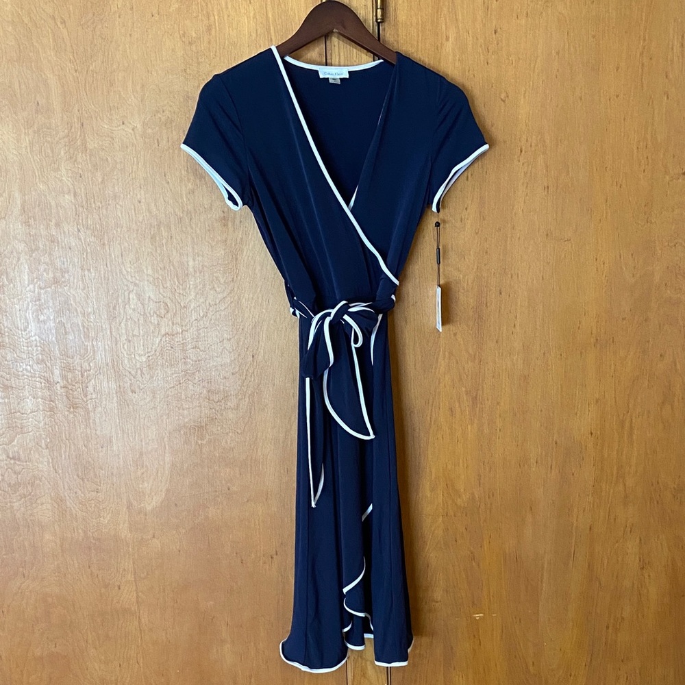 SALE 🌷 Calvin Klein Navy Midi Faux Wrap Dress with White Piping Trim
